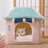 2-in-1 Cat Condo Bed – Enclosed Hideaway with Reversible Cushion for All-Season Comfort
