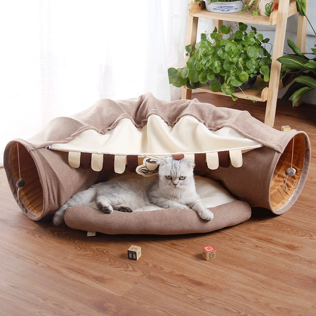 Foldable Cat Tunnel Bed with Plush Cushion Nest – Cozy Indoor Play and Rest Zone for Cats