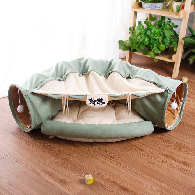 Foldable Cat Tunnel Bed with Plush Cushion Nest – Cozy Indoor Play and Rest Zone for Cats