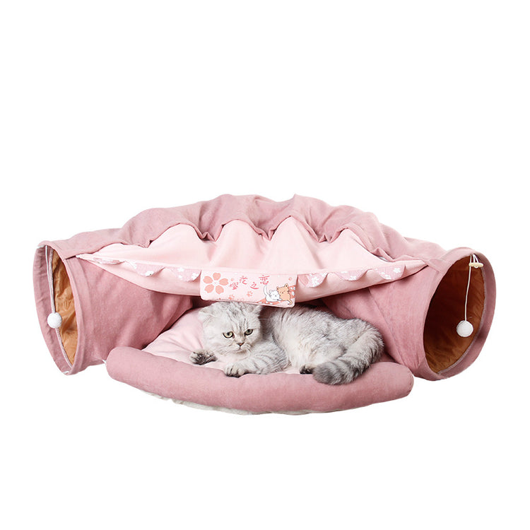 Foldable Cat Tunnel Bed with Plush Cushion Nest – Cozy Indoor Play and Rest Zone for Cats