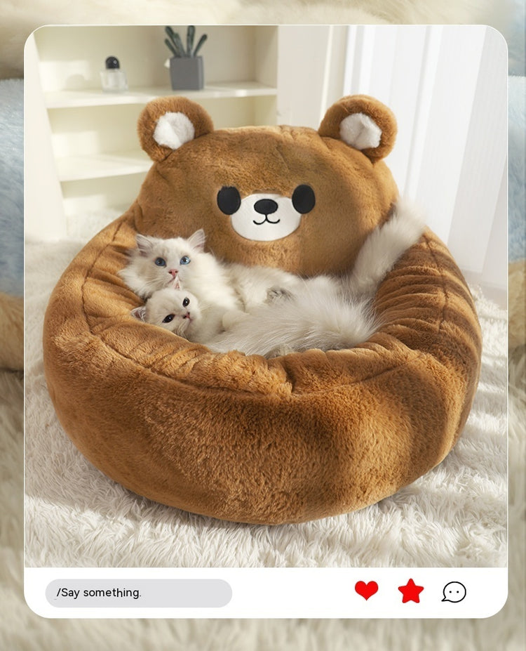 Winter Deep Sleep Cat Bed with Cute Backrest – Warm Anti-Anxiety Pet Nest