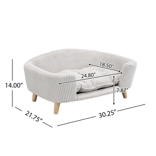 Elevated Corduroy Dog Bed – Wooden Frame Pet Sofa for Small Dogs (Beige)