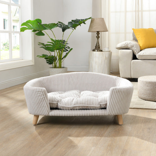 Elevated Corduroy Dog Bed – Wooden Frame Pet Sofa for Small Dogs (Beige)