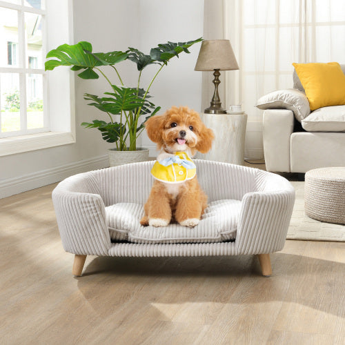 Elevated Corduroy Dog Bed – Wooden Frame Pet Sofa for Small Dogs (Beige)