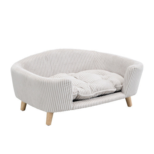 Elevated Corduroy Dog Bed – Wooden Frame Pet Sofa for Small Dogs (Beige)