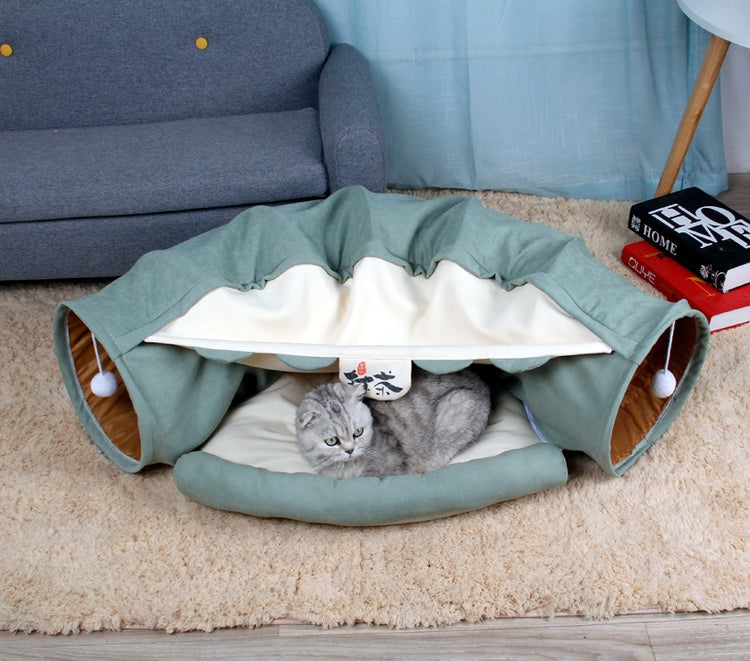 Foldable Cat Tunnel Bed with Plush Cushion Nest – Cozy Indoor Play and Rest Zone for Cats