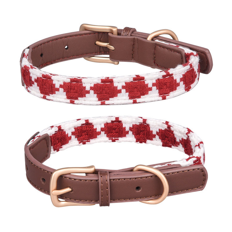 Soft Woven Plaid Dog Collar – Adjustable Leather Buckle Pet Neck Strap for Small & Medium Dogs