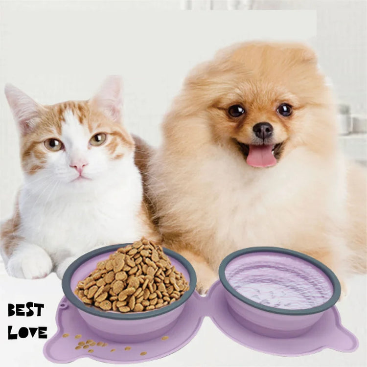 Foldable Silicone Double Dog Bowl – Non-Slip Portable Food & Water Feeder for Pets