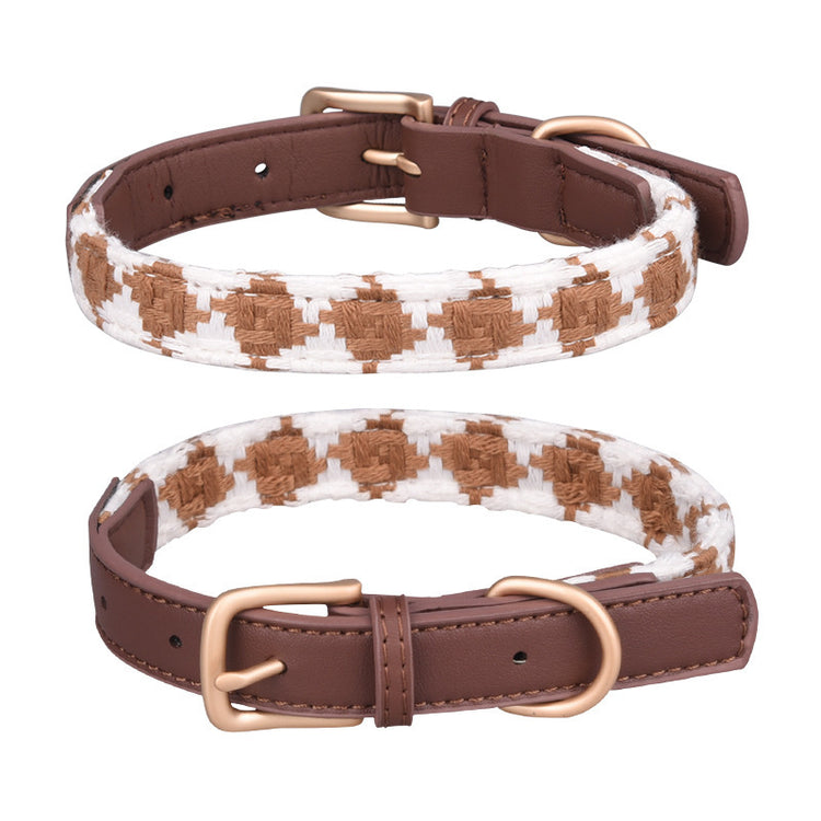 Soft Woven Plaid Dog Collar – Adjustable Leather Buckle Pet Neck Strap for Small & Medium Dogs