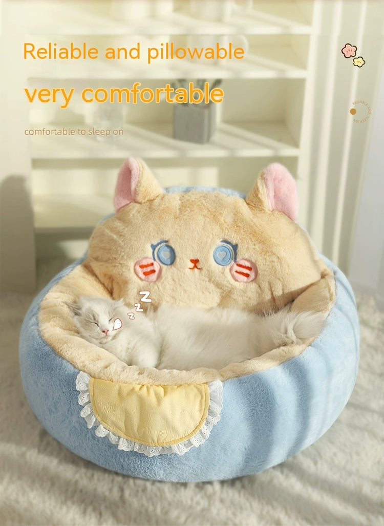 Winter Deep Sleep Cat Bed with Cute Backrest – Warm Anti-Anxiety Pet Nest