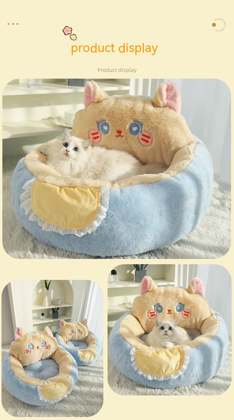 Winter Deep Sleep Cat Bed with Cute Backrest – Warm Anti-Anxiety Pet Nest