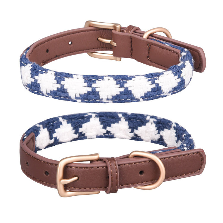 Soft Woven Plaid Dog Collar – Adjustable Leather Buckle Pet Neck Strap for Small & Medium Dogs