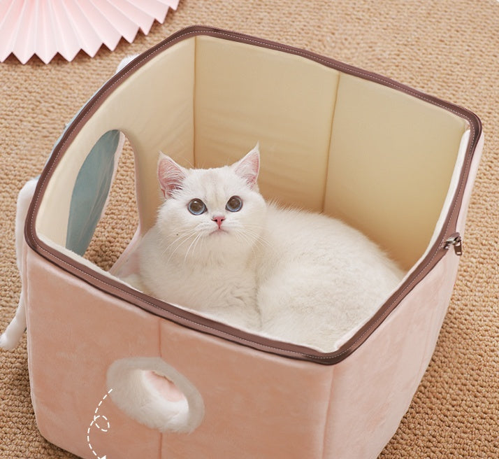 2-in-1 Cat Condo Bed – Enclosed Hideaway with Reversible Cushion for All-Season Comfort