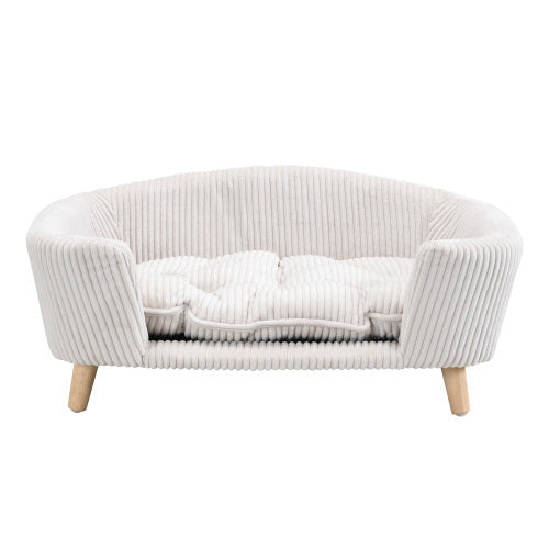 Elevated Corduroy Dog Bed – Wooden Frame Pet Sofa for Small Dogs (Beige)